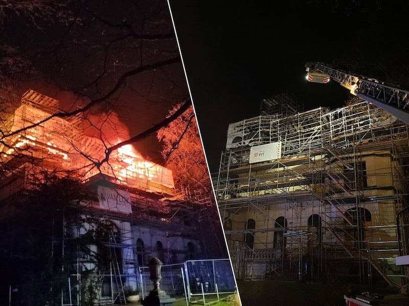 De brand sloeg metershoog door het dak (l.). Na de bluswerken is de schade duidelijk groot (r.).