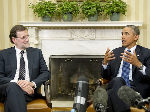 De Spaanse premier Mariano Rajoy en president Barack Obama in het Oval Office.
