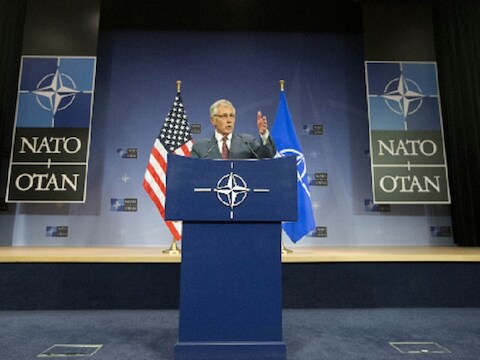 De Amerikaanse secretaris van Defensie Chuck Hagel sprak op vier juni na een bijeenkomst van de NAVO in Brussel.