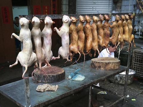 Dode honden hangen te koop bij een kraam in Yulin.