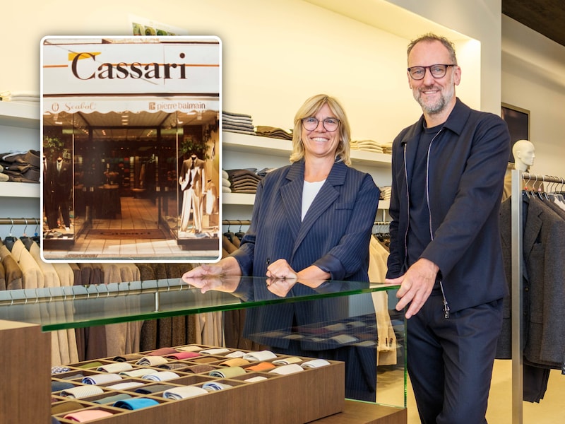 Philippe Casaert en vaste waarde Tanja Gordts in Cassari, de zaak met herenmode in Mechelen die 40 jaar bestaat. Inzet: de eerste winkel van Cassari in de Geitestraat.