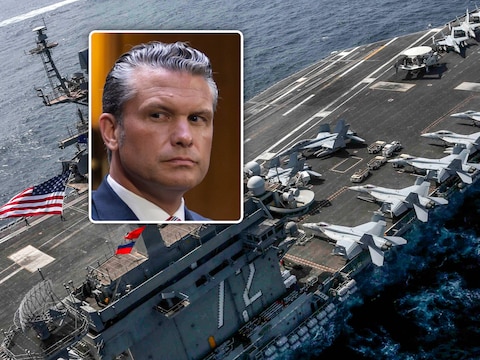 Illustratiebeeld. Het Amerikaanse vliegdekschip USS Abraham Lincoln. (17/05/19) / Inzet: de Amerikaanse defensieminister Pete Hegseth. 