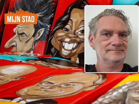 Bart Simoens, alias cartoonist Seamoose. Op de achtergrond zie je onder meer muzikant Willy Willy en Lola van ‘The Voice’.
