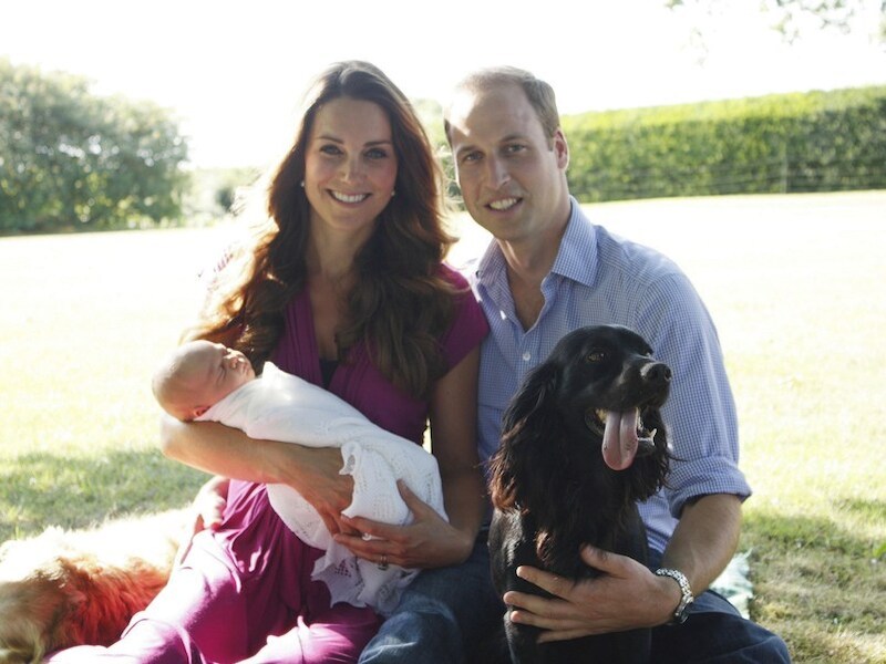 Prins William en prinses Kate met de kleine George, de retriever Tilly van haar ouders (links) en hun cocker spaniel Lupo.