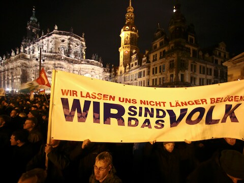 De optocht van Pegida (Patriottische Europeanen tegen de islamisering van het Westen) vorige maand in Dresden.