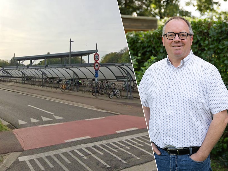 Foto links: De fietsenstalling aan tramterminus Capenberg./Foto rechts: Boechouts burgemeester Koen T’Sijen.