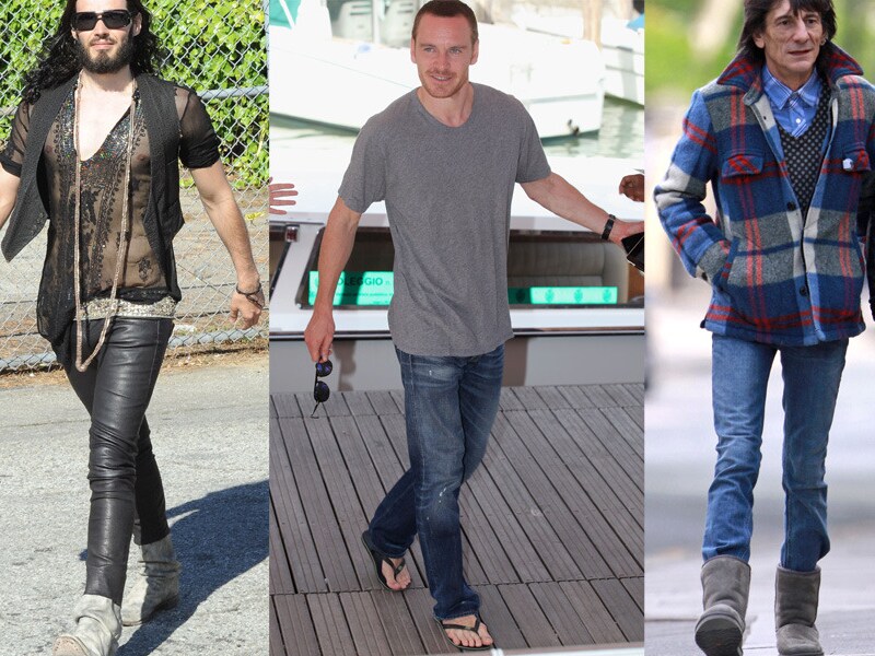 Russel Brand met kettingen en lederen broek, Michael Fassbender met slippers en Ron wood met Uggs.