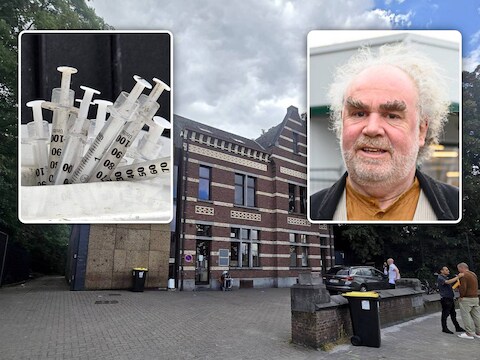 De Free Clinic aan de Schijnpoortweg in Antwerpen. Links: een naaldcontainer voor risicohoudend injectiemateriaal die overvol zit. Rechts: Tino Ruyters, algemeen directeur van Free Clinic.