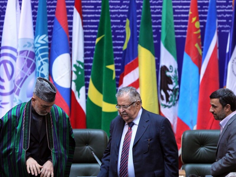 Afghaans president Karzai, Iraaks president Talabani en Iraans president Ahmadinejad.