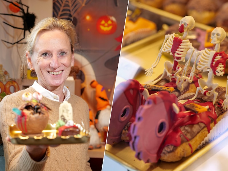 Halloweenbakker Catharina Koelen (53) pakt onder meer uit met deze bijzonder griezelige eclairs. 