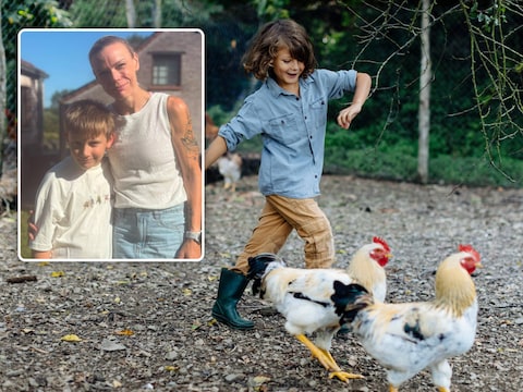 Een illustratiebeeld van een kinderboerderij (niet van Free-Time). Inzet: mama Heidi Van Aken met zoon Winter (8), wiens kamp in augustus nu onzeker is.