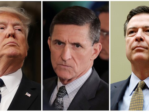 President Trump, ex-veiligheidsadviseur Michael Flynn en de door Trump ontslagen FBI-directeur James Comey.