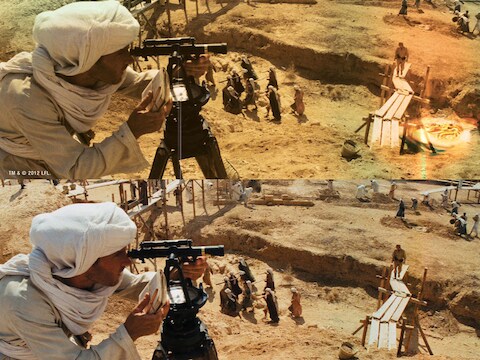 Een scène uit klassieker 'Raiders of the Lost Ark'. Bovenaan de beschadigde, originele versie, onderaan de bijgewerkte digitale uitvoering op Blu-Ray.
