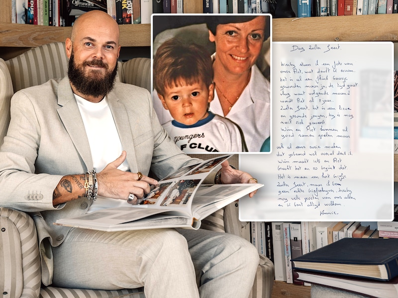Piet Dobbels, nu en als peuter met zijn adoptiemama Annie Christiaens. Zij schreef een bedankbriefje aan de non die de adoptie in orde bracht.