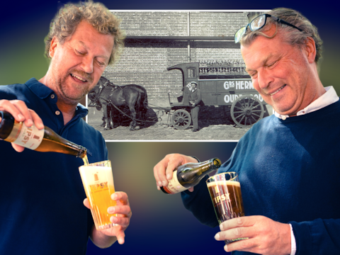 De broers Marc (links) en Joey Hermans klinken met een blond en een donker Tipsy biertje. Op de achtergrond zie je een foto uit de oude doos, toen brouwerij Hermans nog bier bedeelde met paard en kar.