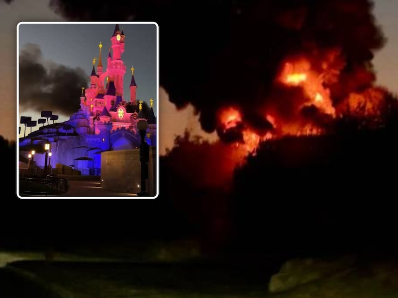 Volgens ‘Le Parisien’ werd in het getroffen gebouw computermateriaal opgeslagen. Inzet: de rookpluim lokte de aandacht van de bezoekers van Disneyland Parijs.