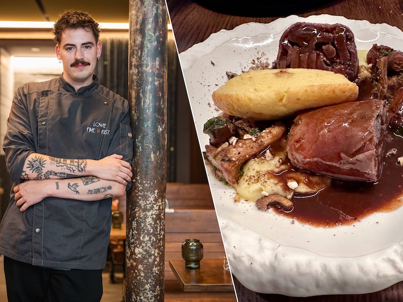 Lowie Hendrickx (links) serveert in FIne N Fast in Gent onder meer wilde eend (rechts).