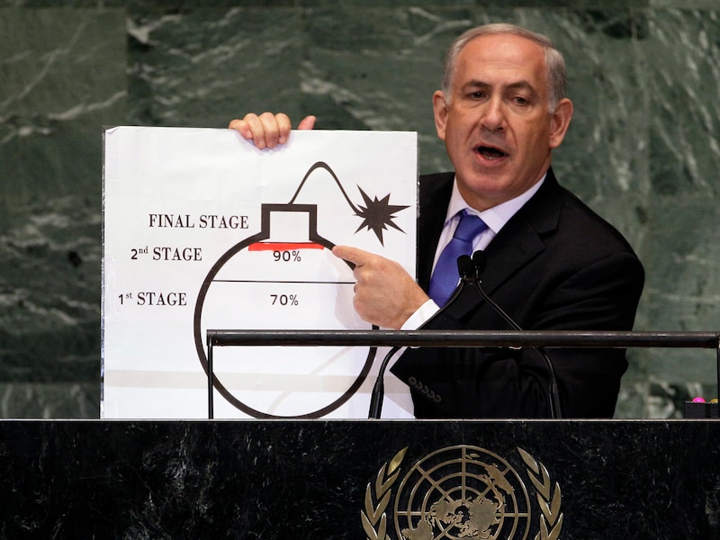 Onlangs toonde de Israëlische premier Netanyahu nog zijn grafische voorstelling van het Iraanse kernprogramma aan de Algemene Vergadering van de Verenigde Naties.