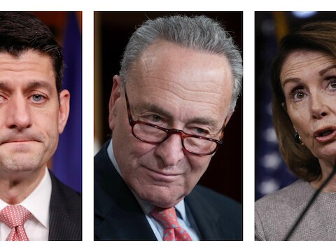 Republikeins voorzitter van het Huis van Afgevaardigden Paul Ryan en zijn democratische collega's Chuck Schumer en Nancy Pelosi.