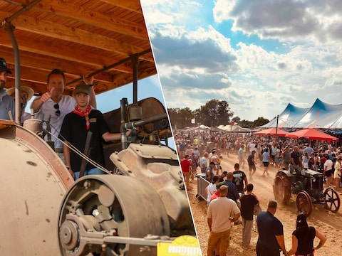 Vlaams minister van Landbouw Jo Brouns (CD&V) op een oldtimertractor tijdens de Oogstfeesten. / De massale opkomst op de graanvelden langs de Knobbelstraat.