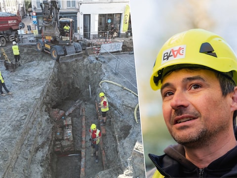 Archeologen legden tijdens werken aan de Petercelle-as mogelijk een stukje Ketelpoort bloot. Rechts: hoofdarcheoloog Robrecht Vanoverbeke van BAAC Vlaanderen.