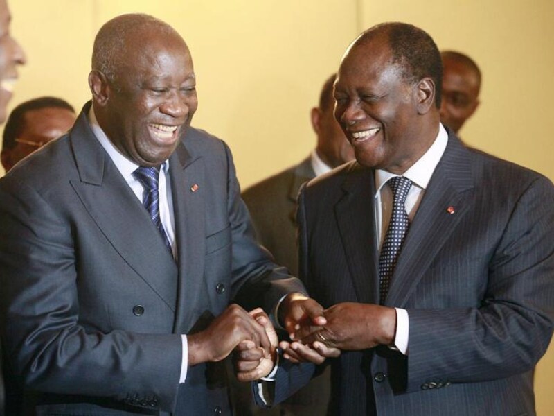 Laurent Gbagbo en Alassane Ouattara voor de verkiezingen.