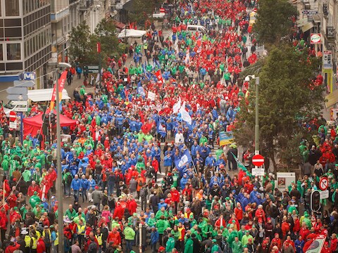De vakbondsbetoging in Brussel van begin vorige maand.