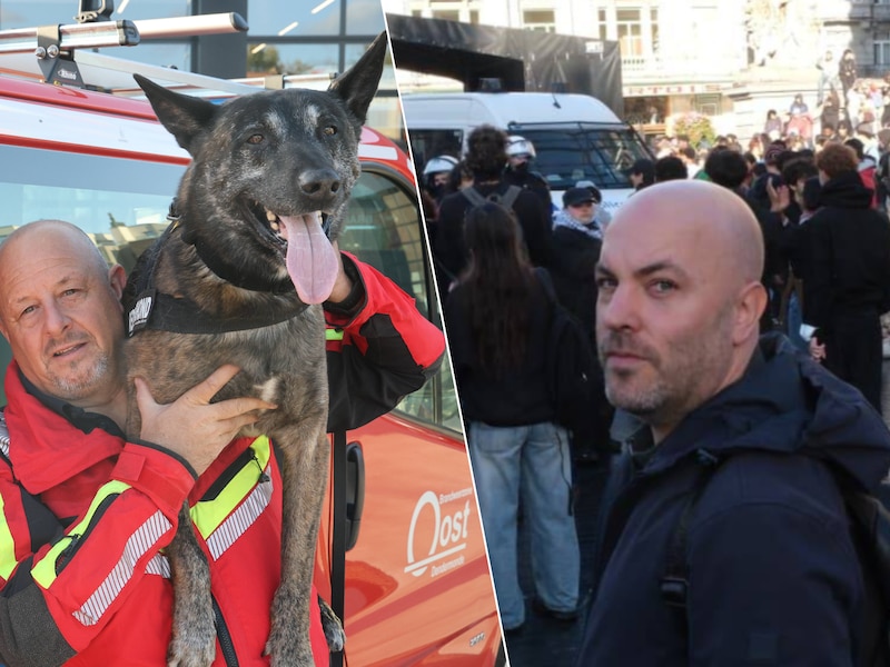 Sergeant-Majoor Filip Segers samen met reddingshond Djix en onze reporter Wouter Hertogs na een dag vol onlusten en vandalisme in Brussel.