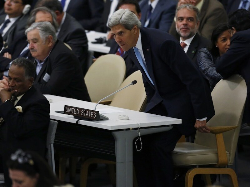 De Amerikaanse minister van Buitenlandse Zaken Kerry bij de algemene vergadering van de VN, vandaag.