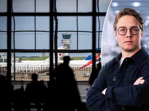 De verkeerstoren van Skeyes op Brussels Airport. Rechts: politiek journalist Timmie Van Diepen.