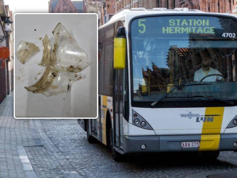 Enkele beelden ter illustratie van een lijnbus in Brugge en een gebroken glazen bokaal.