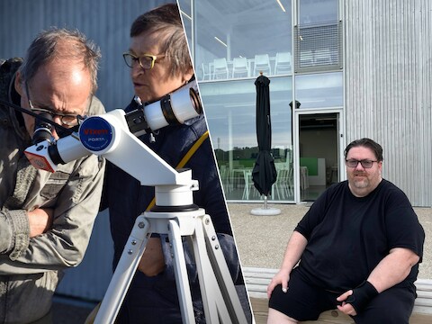 Astropolis plaatst vier telescopen om naar de zon te kijken woensdag. Rechts: directeur Patrick Jaecques voor het Astrocafé.