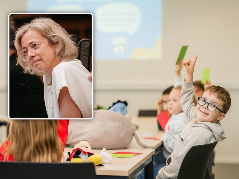 Kinderen tijdens de les (illustratiebeeld). Inzet: Evita Willaert