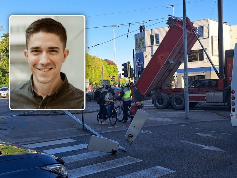 Een vrachtwagen tegen de bovenleiding van het tramspoor op de Brusselsesteenweg in Gentbrugge, Inzet: Jens Van Herp, woordvoerder van De Lijn
