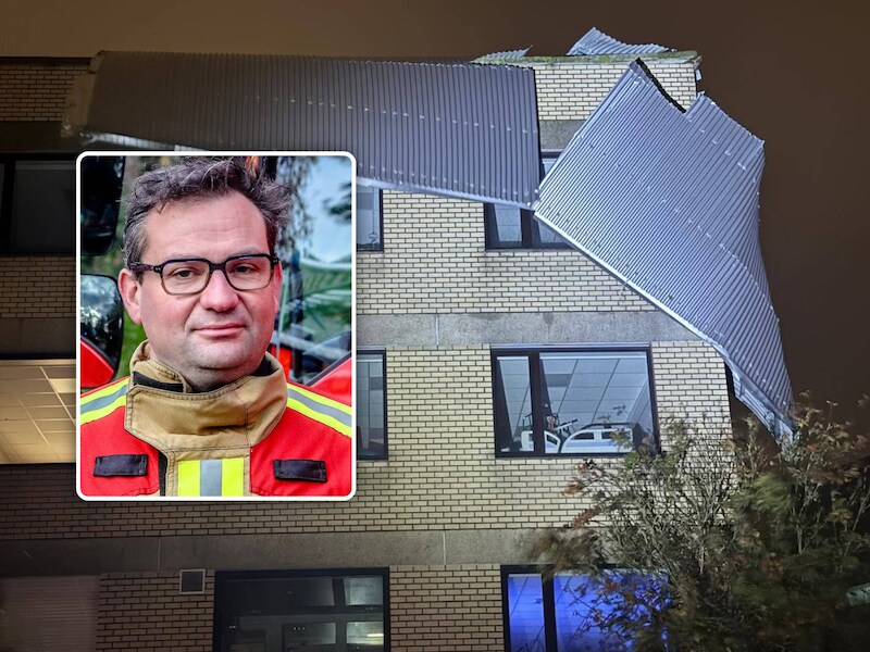 Het dak van WZC De Boarebreker ging vliegen door storm Austen en kwam op een gebouw 50 meter verder terecht. Inzet: Jeroen Bonte van brandweer Brugge.
