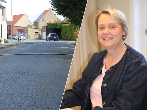 De ‘bult’ over de rijweg aan de Oude Eiermarkt. Rechts: burgemeester Lieve Castryck van Lo-Reninge