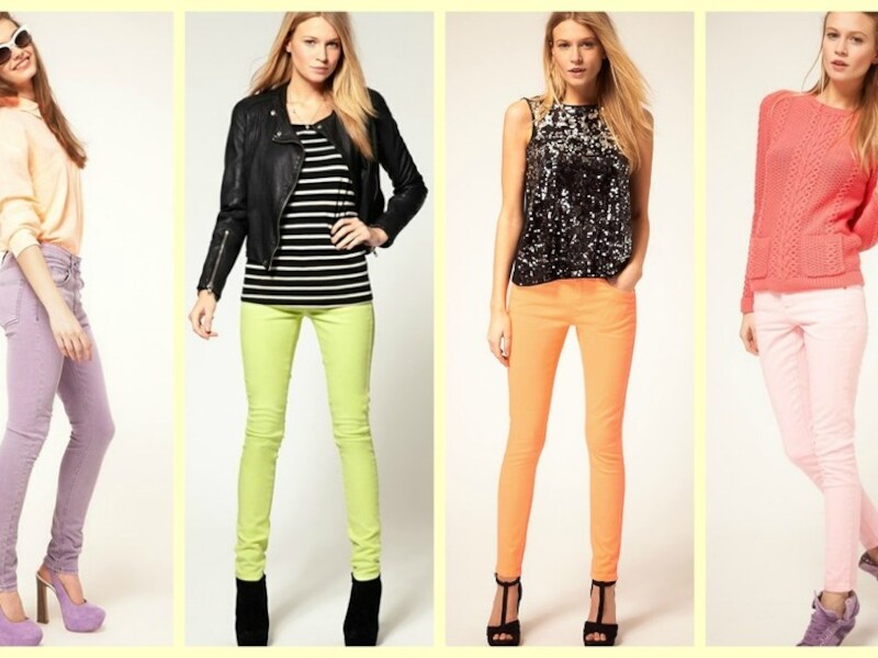 Deze lavendelkleurige, geel-groene, zachtoranje en babyroze jeans vind je bij Asos.com