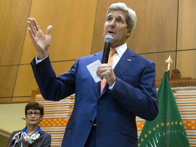 De Amerikaanse minister van Buitenlandse Zaken John Kerry tijdens een toespraak in Ethiopië.