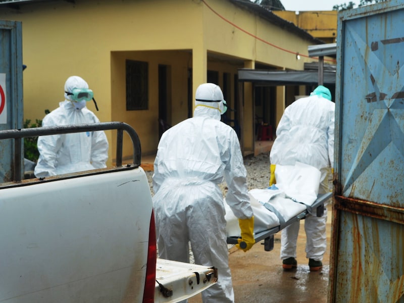 Gezondheidswerkers dragen het lichaam van een ebolaslachtoffer naar een geïmproviseerd ziekenhuis.