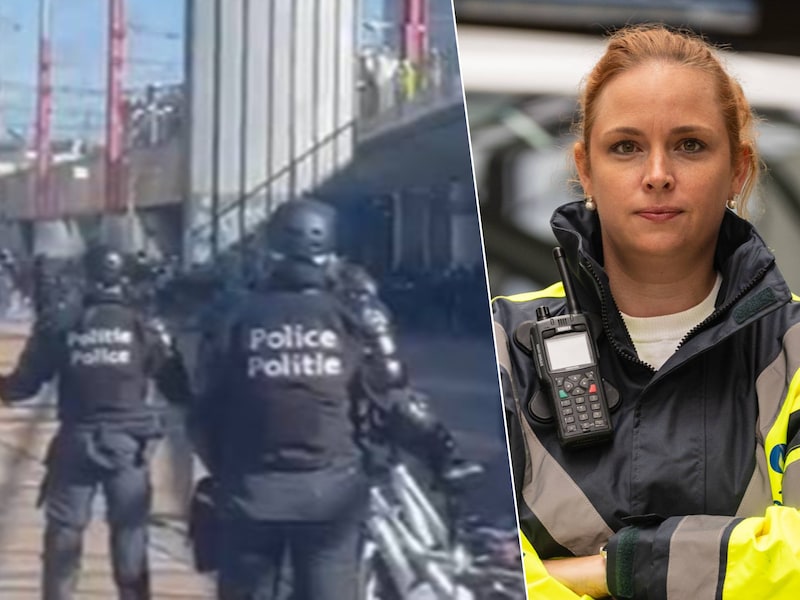 Een beeld van maandag aan het Zuidstation in Brussel, waar scholierenprotesten opnieuw onrustig verliepen. Rechts: Kim Bastiaens, woordvoerder van Politie Antwerpen.