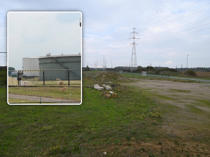 De voormalige opslagplaats voor aardolie langs de Kwarikweg in Kallo is volledig gesaneerd en krijgt nu een nieuwe bestemming als batterijpark, Inzet: het vroegere tankpark van Total.