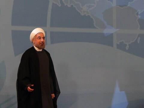 De Iraanse president Rouhani bij de Shanghai Cooperation Ogranisation-top in Bishkek, vandaag.