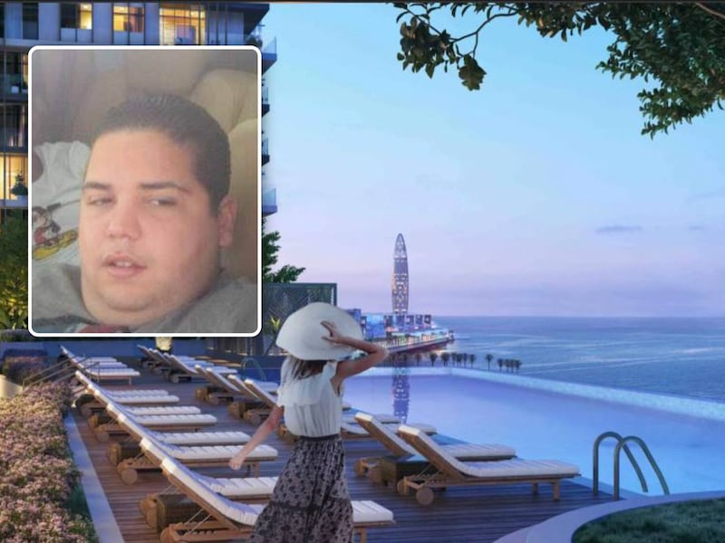 Het zwembad van de Marina Vista Tower in Dubai waar ‘Nadori’ een appartement kocht. Inzet: De uitgeleverde Nasserdine Tarrahi