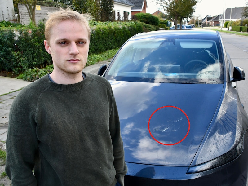 Een flinke bluts en een hoop krassen (rood omcirkeld) op de motorkap van de wagen van Jakob Misplon uit Geluwe.