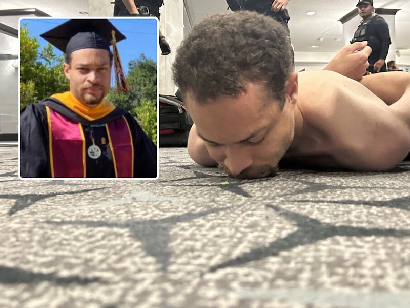Links: Cole Tomas Allen eerder in 2025, toen hij zijn master als computerwetenschapper haalde. Rechts: zijn aanhouding zaterdagavond in Washington. 