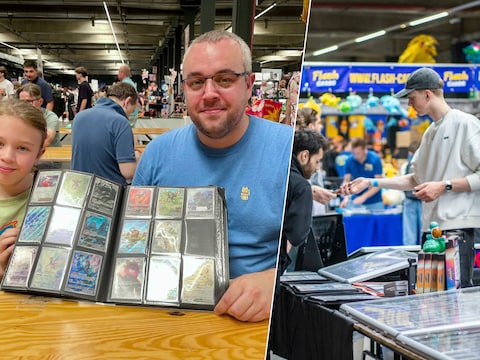 Tim (35) en zijn dochter Haylie (8) uit Zandvliet kwamen naar Antwerp Expo op zoek naar enkele ontbrekende Pokémonkaarten.