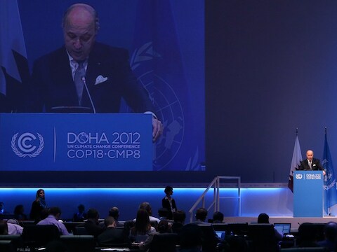 De Franse minister van Buitenlandse Zaken Laurent Fabius in Doha.