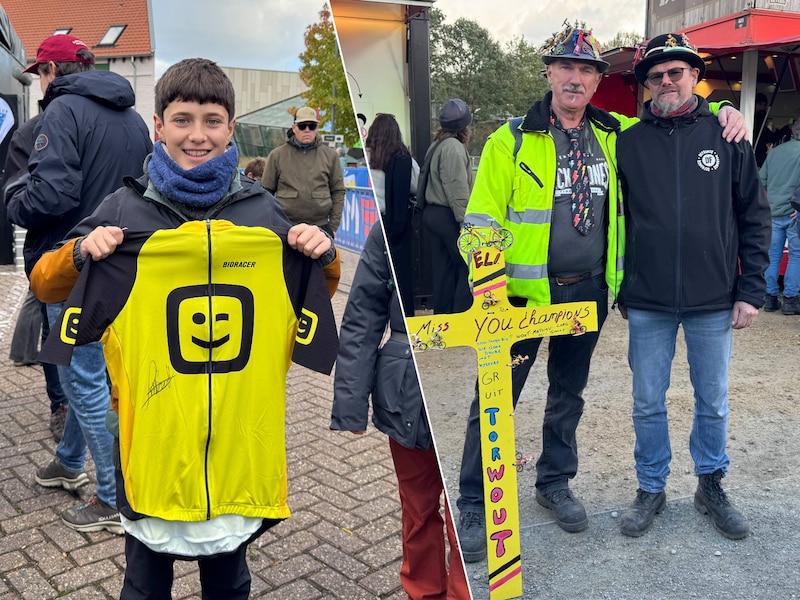 Links: Mateo ving een truitje van Lucinda Brand. Rechts: Geert en Steven rijden heel België af om de cross te volgen, dus zijn ze ook present op de Druivencross in Overijse.