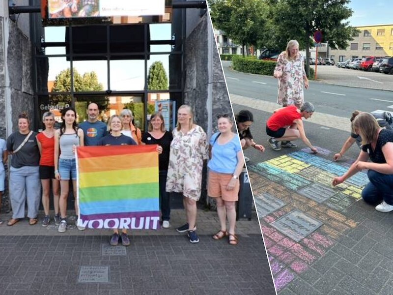Vooruit brengt regenboogzebrapad in krijt aan voor ingang gemeentehuis: “We hopen dat gemeente standpunt herbekijkt”