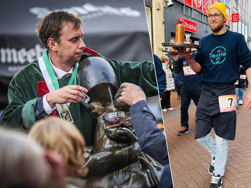 Links: het Borrelmanneke in Hasselt: één keer per jaar vloeit er plots jenever uit het bronzen standbeeld. Rechts: de Kelnerwedloop.